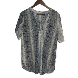 Cute Snakeskin Print Blouse Top Shirt Embellished V Neck Boho Size Large